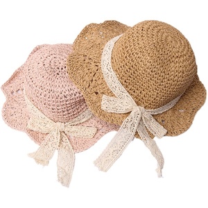 Chapeau de soleil en paille de papier pliable pour enfants, filles, tout-petits, bébés, plage, voyage, avec ruban en dentelle et nœud - Product Image 6