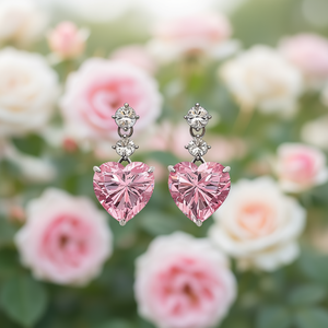 Boucles d'oreilles pendantes en cristal rose en forme de cœur E3061, sertissage griffe, bijoux romantiques pour femme, pour mariage - Product Image 2