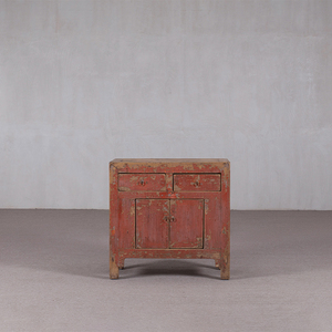 Comodino in Stile Cinese Vintage <span class=keywords><strong>con</strong></span> Finitura Laccata Rossa Invecchiata, Mobiletto per Camere in Stile Wabi-Sabi - Product Image 1