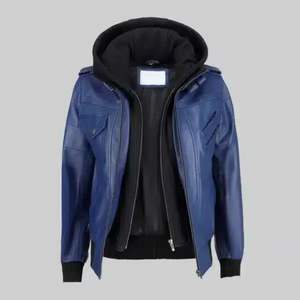 Blouson aviateur en cuir bleu pour femme avec capuche amovible, vêtement d'extérieur décontracté élégant, style vintage streetwear - Product Image 2