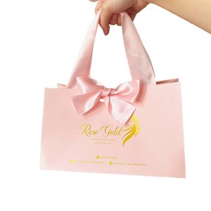 Wholesale Matte Pink Paper <b>Handbags</b> Gold Foil Printed Brand Logo <b>Big</b> Satin Bow Shopping Bags For Hair Business Cosmetic - Product Image 4