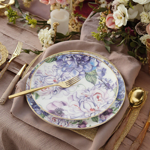 Bán Buôn Xương Trung Quốc Bộ Đồ Ăn Với Màu Tím Hoa Và Nhà Máy Thiết Kế Vàng Rim Sạc Tấm Cho <span class=keywords><strong>Fiesta</strong></span> Tấm Gốm Món Ăn - Product Image 3