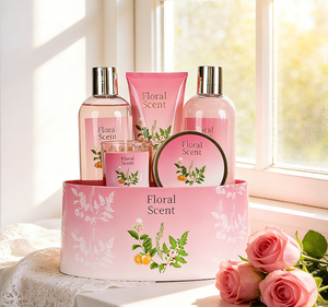 Coffret cadeau de bain parfumé aux fleurs de luxe, 5 pièces, coffret cadeau rose pour le soin du corps pour femmes, avec gel douche, lotion, bougie et crème de bain pour femmes - Product Image 3