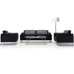 Conjunto de sofás de oficina de diseño Simple y moderno, conjunto de sofás seccionales de cuero negro suave para sala de estar y conferencia, 3 asientos