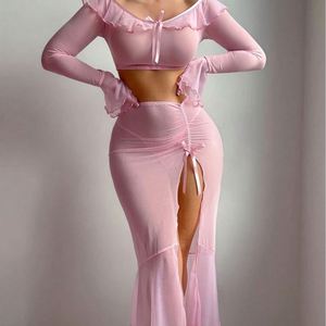 Lingerie sexy de style européen et américain, haut court à manches longues en dentelle à volants, respirant, en maille, avec jupe longue pour femmes - Product Image 4