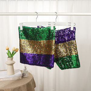 Ensemble 3 pièces pour femme : tenue de performance Mardi Gras, crop top corset élastique à rayures et paillettes, short à rayures et paillettes, et gants pour soirée - Product Image 1
