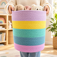 Panier décoratif en corde de coton arc-en-ciel, rond, tissé, avec poignées dissimulées, pour ranger jouets, couvertures, serviettes, vêtements, chambre d'enfant