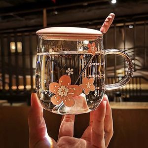 Tasse à thé florale en verre chauffant à fond plat, multi-couches, à température constante, grande capacité, pour le bureau, motif fleurs de cerisier - Product Image 4
