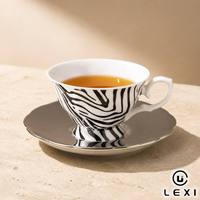 Ensemble tasse et soucoupe en porcelaine à rayures zébrées, soucoupe plaquée argent, poignée à motif enroulé, 200 ml, logo personnalisé, vente en gros, coffret cadeau