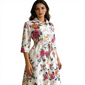 レディース 花柄プリント シャツワンピース ボタンフロント カジュアル ナチュラル ミディドレス 春夏 デイリーウェア ファッション 花柄ドレス - Product Image 1