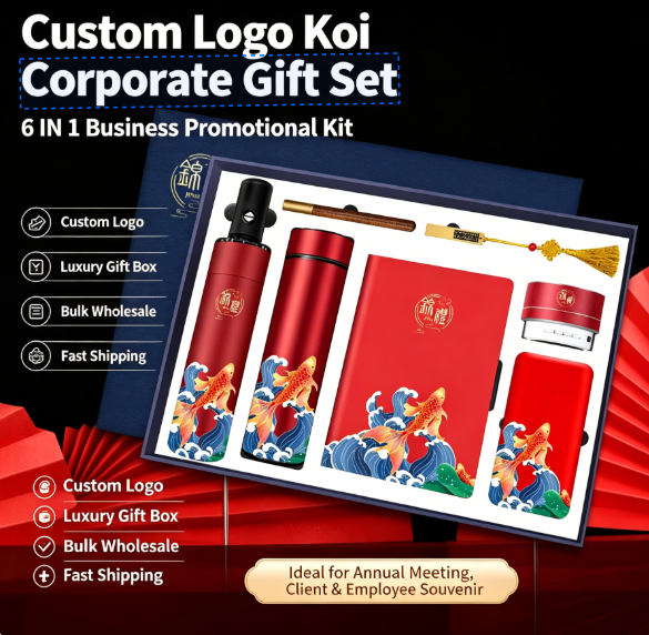 Custom Logo 6-in-1 Corporate Gift Set Koi Pattern Luxury Festive Stainless Steel Vacuum Cup Notebook Umbrella Business Gift
