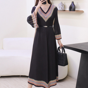 Vestido plisado para mujer Miyake con estampado étnico-Vestido MIDI con cinturón y manga acampanada con cuello en V para <span class=keywords><strong>elegante</strong></span> - Product Image 5