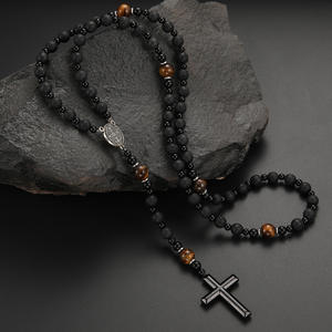 Mecrt Christianity <span class=keywords><strong>rosario</strong></span> uomo <span class=keywords><strong>collana</strong></span> Cross-religiosa <span class=keywords><strong>con</strong></span> roccia vulcanica nera naturale giallo occhio di tigre perle di pietra di ferro - Product Image 2