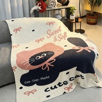 Plaid en tricot Popcorn à motif chat noir mignon, nœud rose et pois, pour chambre, canapé, cadeau, maison, vente en gros, personnalisé
