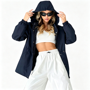 <strong>Women</strong> Casual Solid Hooded Drawstring Waist Waterproof Windbreaker Jacket Outdoor Loose Long Sleeve <strong>Lightweight</strong> <strong>Coat</strong> - Product Image 2