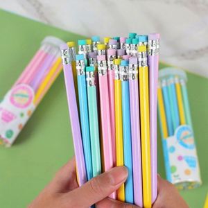 Crayon d'écriture pour élèves du primaire, couleur bonbon violet/bleu/rose, avec gomme, petit tête en bois, HB Macaron - Product Image 1