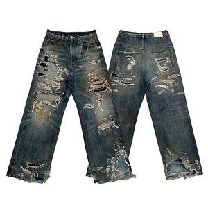 Pantalones Vaqueros de Mezclilla Vintage para Hombre, Estilo Hip Hop, 14 Onzas, Lavado a la Piedra, Desgastados, de Pierna Ancha, Rotos, Holgados, de Secado Rápido - Product Image 1