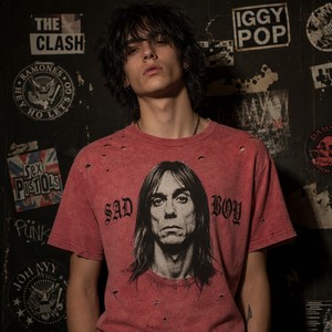 T-shirt grafica rosa acid wash in jersey di cotone 100% con stampa ritratto Sad Boy Iggy Pop, effetto distressed con fori, streetwear Metour all'ingrosso - Product Image 1