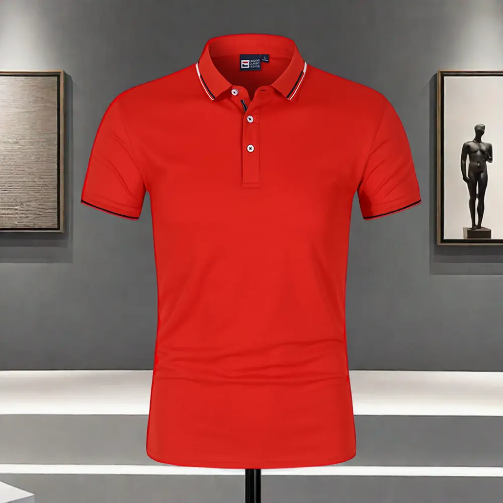 Camisa polo masculina de cor sólida tamanho grande com gola redonda e gola redonda, camiseta de lã de manga curta 280 gramas, Europa e Estados Unidos