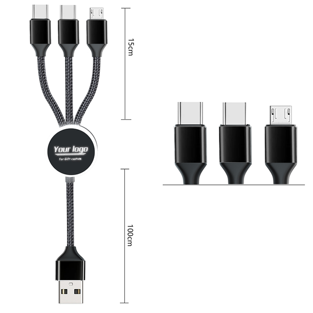 3 in 1 LED High Quality Colored 2A Fast Charging Type-C/Micro USB Cable for iPhone 15 IOS Barcode Scanner Printer & Computer