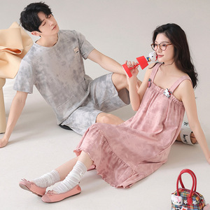 Pijamas de Pareja de Verano, Camisón de <span class=keywords><strong>Tirantes</strong></span> de Algodón Puro, Lindo para Mujer, Talla Grande, Traje de Casa de Manga Corta para <span class=keywords><strong>Hombre</strong></span>, Primavera y Otoño - Product Image 1