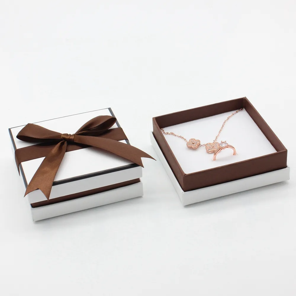 Самая дешевая бумажная коробка для украшений, белая Подарочная коробка, коробка для колец и серег с коричневым бантом