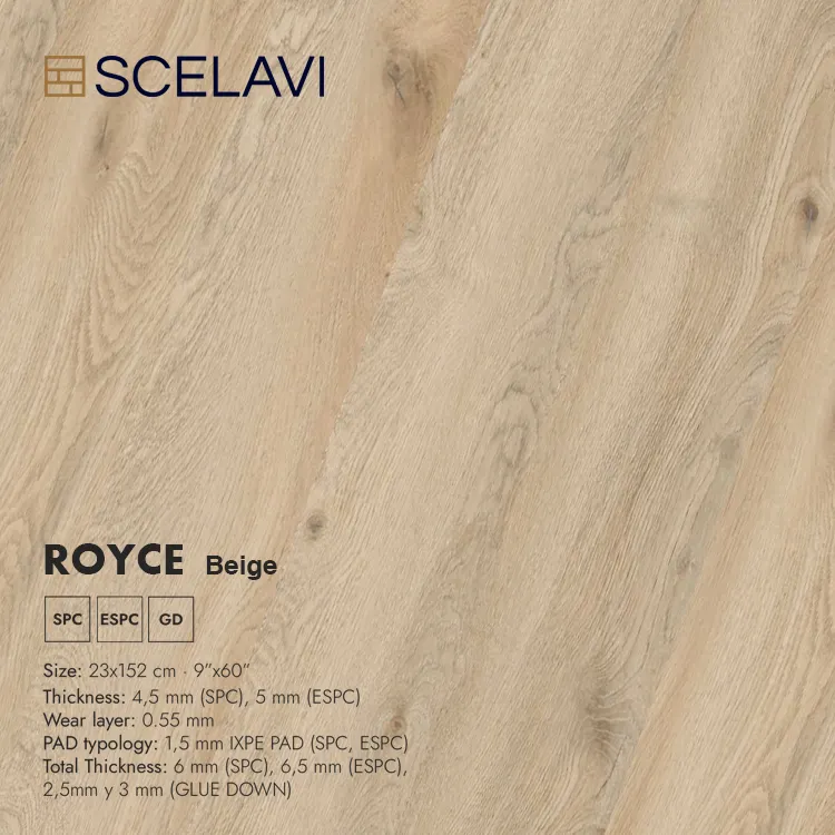 Royce Beige vinilo Spc Click Floor Durabilidad con capa de desgaste Vinilo Plástico Pisos Baldosas de plástico