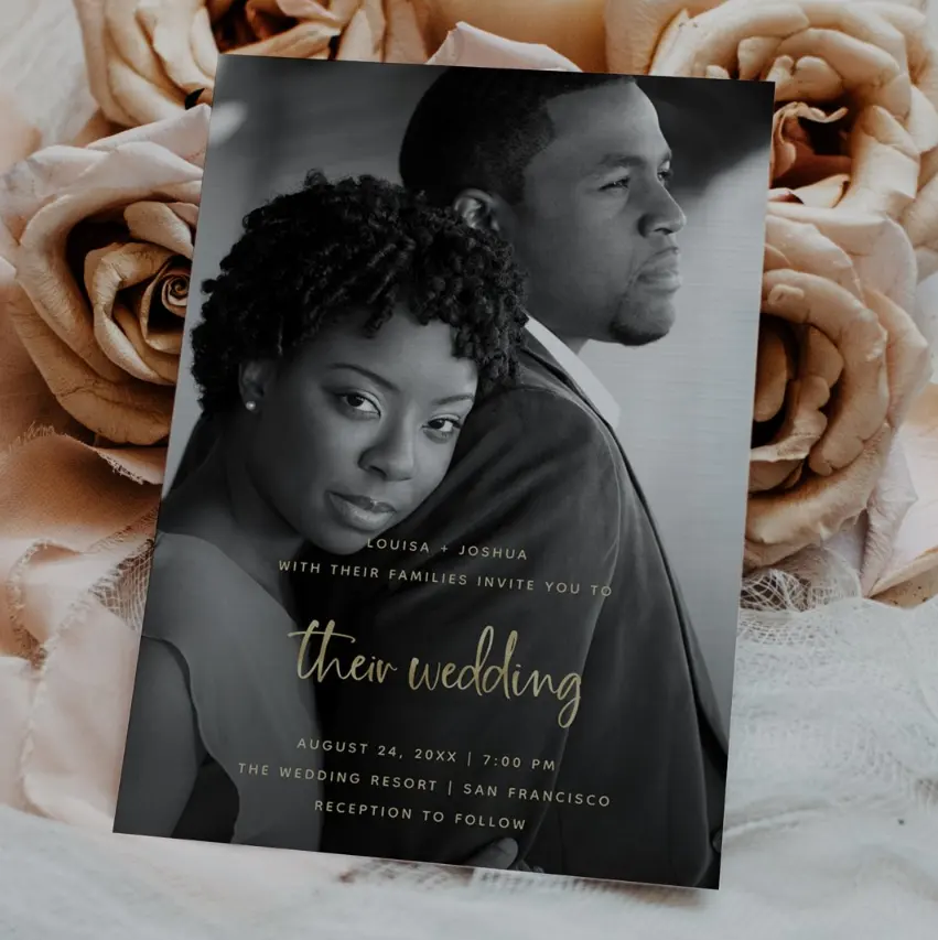 कस्टम प्रिंटिंग लक्ज़री गोल्ड मॉडर्न फोटो चित्र के साथ शादी की तारीख का निमंत्रण कार्ड सहेजें