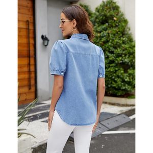 FOXA Camisa vaquera para mujer con mangas abullonadas y botones, blusa informal de algodón transpirable para verano - Product Image 4