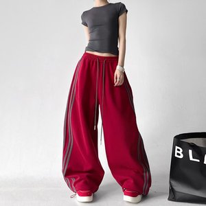 Pantalones de chándal anchos rojos para mujer 2026, nuevos pantalones casuales de cintura alta a rayas, holgados, estilo urbano, para damas - Product Image 2