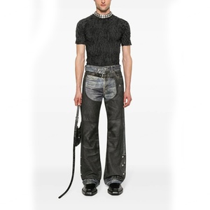 Jean décontracté coupe droite pour homme en denim de coton de haute qualité, délavé, déchiré, imprimé jet, effet vieilli - Product Image 5