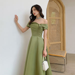 <span class=keywords><strong>Vestido</strong></span> de noche verde Vintage con cuello de barco, <span class=keywords><strong>vestido</strong></span> de noche largo con dobladillo, Reunión Anual - Product Image 3