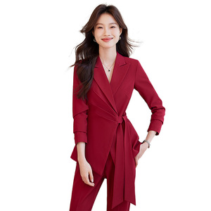 Women's Red Suit Set With Flared Pants Anti-Wrinkle Solid Color Polyester Casual Wear For Spring Autumn - Product Image 5