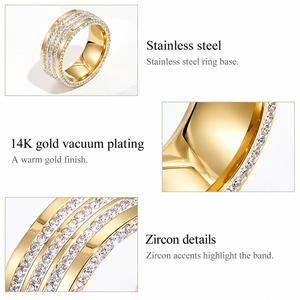 แหวนเพทายสี่แถว สแตนเลสสตีล ชุบทอง 14K แบบสุญญากาศ เครื่องประดับวงแหวนเพทาย - Product Image 3