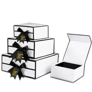 Embalaje de cartón de papel blanco con logotipo personalizado, caja de regalo grande en blanco y negro con tapa de cierre magnético