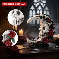 Kit de blocs MOC Funbuild : Sculpture antique en forme de croissant incurvé avec décoration florale de vigne de roses rouges – Modèle de construction artisanale à assembler