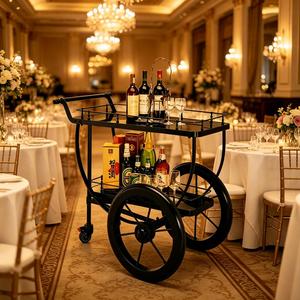 <span class=keywords><strong>Carrello</strong></span> Bar di Lusso a 2 Ripiani in Metallo Nero, Stile <span class=keywords><strong>Vintage</strong></span> con Grandi Ruote, <span class=keywords><strong>Carrello</strong></span> Mobile per Servizio Vini e Bevande per Hotel, Ristoranti e Bar - Product Image 2