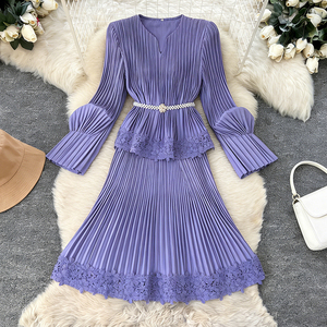 Estate autunno vendita calda tinta unita elegante manica lunga signora donna Plus-Size Casual plissettato abito in magazzino - Product Image 1