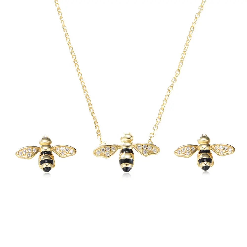 925 Sterling Silver Animal Zircon Multi Level Color Bee Shape Earrings Necklace Jewelry Set