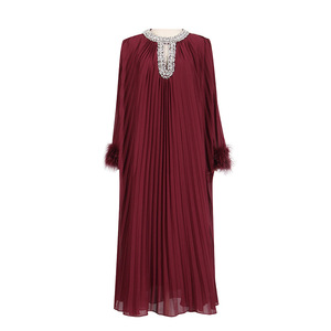 Abito lungo <span class=keywords><strong>da</strong></span> donna autunnale vintage traspirante con strass e plissettature, in tessuto tinta unita, modello A-line, <span class=keywords><strong>casual</strong></span> ed elegante per la <span class=keywords><strong>sera</strong></span> - Product Image 6