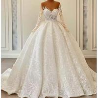 Robes de Mariée Afrique Vintage 2024 à Perles et Dentelle Style Robe de Bal, Col Illusion, Manches Longues, Appliques Entièrement en Dentelle, Grande Taille