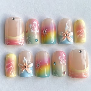 Lot <span class=keywords><strong>de</strong></span> 30 faux ongles press-on faits main, motif floral 3D en relief, coquillage marin, paillettes gelée, pour fêtes et usage quotidien - Product Image 2