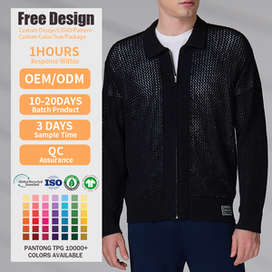 Cardigan en tricot de coton pour homme, design personnalisé avec logo, ajouré, léger, col à revers, crocheté, avec fermetures éclair - Product Image 2