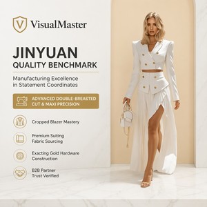 Ensemble blazer court croisé blanc et <span class=keywords><strong>jupe</strong></span> <span class=keywords><strong>longue</strong></span> plissée fendue pour femme, avec boutons dorés, deux pièces, formel, personnalisé OEM/ODM - Product Image 4