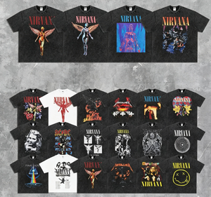 T-shirt a maniche corte in puro cotone pesante, lavata, con stampa trendy, stile rock americano vintage, per il commercio transfrontaliero - Product Image 1