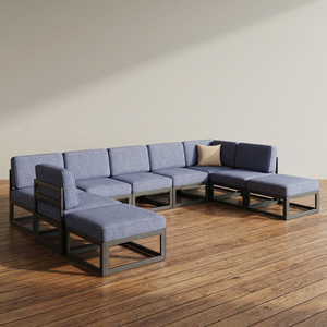 Ensemble <span class=keywords><strong>de</strong></span> canapés d'extérieur en tissu bleu imperméable avec foyer carré, mobilier <span class=keywords><strong>de</strong></span> patio modulaire minimaliste pour <span class=keywords><strong>jardin</strong></span> et cour arrière - Product Image 2