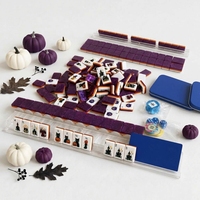 Jeu de Mahjong d'Halloween avec tuiles violettes scintillantes aspect céramique, kit de jeu complet avec supports, cartes et dés, coffret cadeau