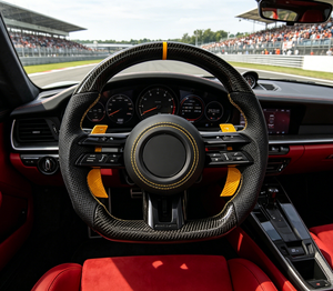 Volant <span class=keywords><strong>AMG</strong></span> en fibre de carbone brillante pour toutes les Mercedes-Benz avec palettes de changement de vitesse en carbone jaune agrandies – Ensemble volant - Product Image 2