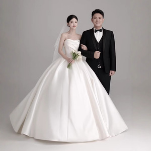 Strapless Satin Wedding Dress Princess Waistline White Floor Length Simple Elegant For Petite Brides - Product Image 3