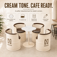 Ensemble de conversation pour café commercial avec 4 fauteuils crème en forme de tambour et table ronde aspect marbre pour salons, halls d'accueil et espaces d'attente